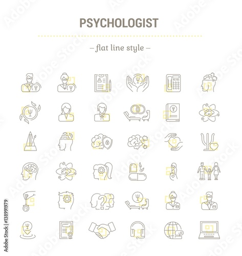 Vector graphic set.Icons in flat, contour,thin, minimal and linear design.Psychologist. Types of psychological support. Simple isolated icons.Concept illustration for Web site app.Sign,symbol,element.