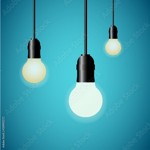 Hanging light bulbs glowing on blue background. Vector illustration.