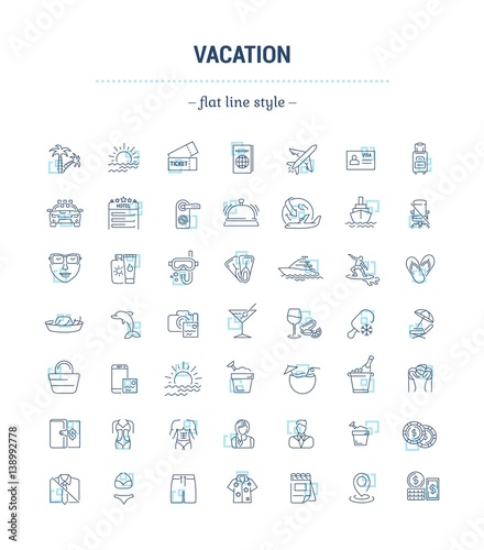 Vector graphic set. Icons in flat  contour thin  minimal and linear design.Vacation. Summer time. travel and tourism.Holiday.Simple isolated icons.Concept infographic for web site and app.Sign symbol.