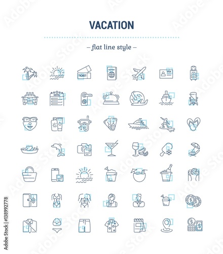 Vector graphic set. Icons in flat, contour,thin, minimal and linear design.Vacation. Summer time. travel and tourism.Holiday.Simple isolated icons.Concept infographic for web site and app.Sign,symbol.