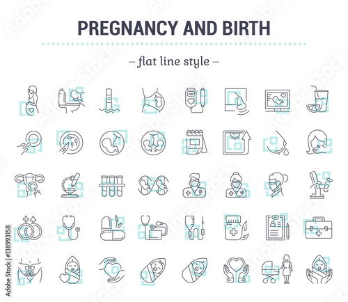 Vector graphic set.Icons in flat, contour,thin and linear design.Pregnancy. Gestation. Incubation of the child.Simple isolated icons.Concept illustration for Web site app.Sign,symbol,element.