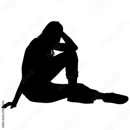 Black silhouettes woman sits leaning on the arm on white background. Vector illustration