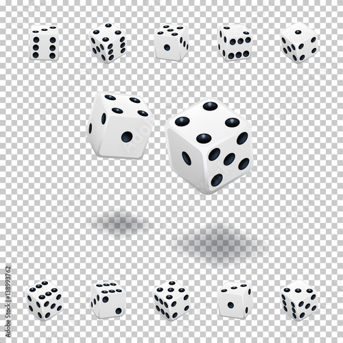 Dice gambling template. White cubes in different positions on transparent background. Vector illustration.