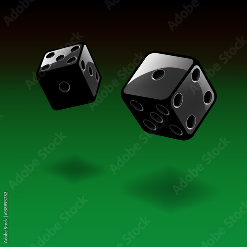 Dice gambling background. Black cubes on green background. Vector illustration.