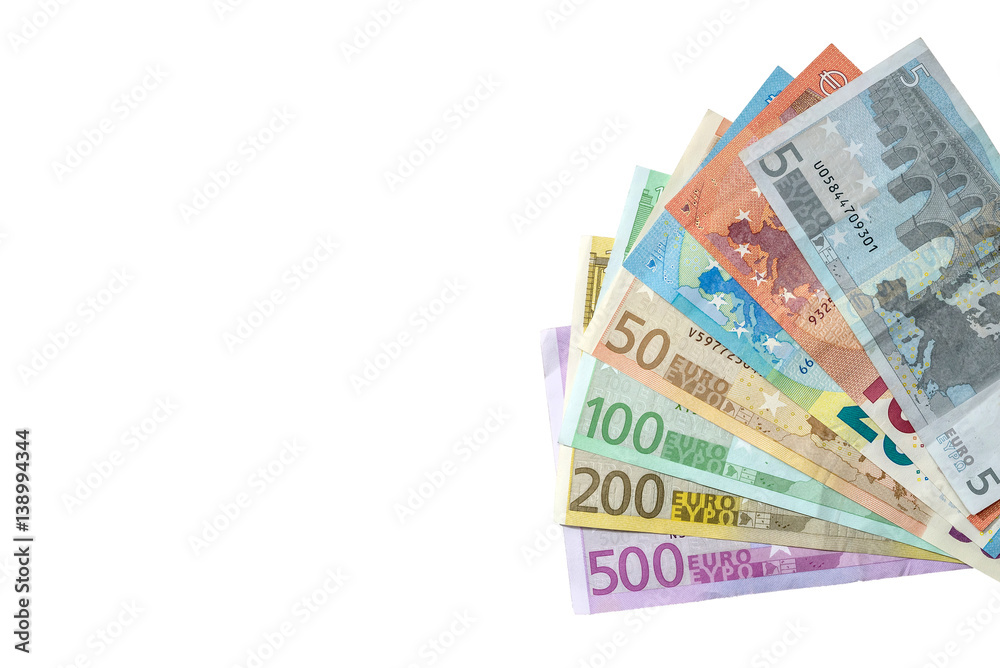 full set of backside euro banknotes isolated on white. Place for text. full set of backside euro banknotes isolated on white. Place for text.