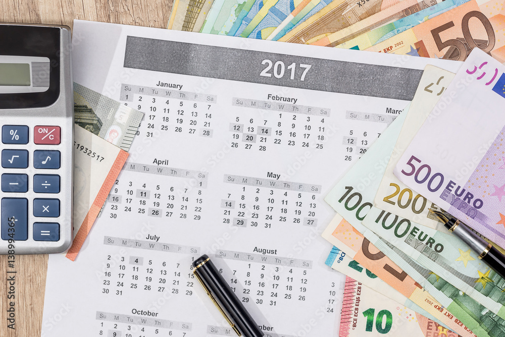different euro bills with 2017 calendar and pen. different euro bills with 2017 calendar and pen.