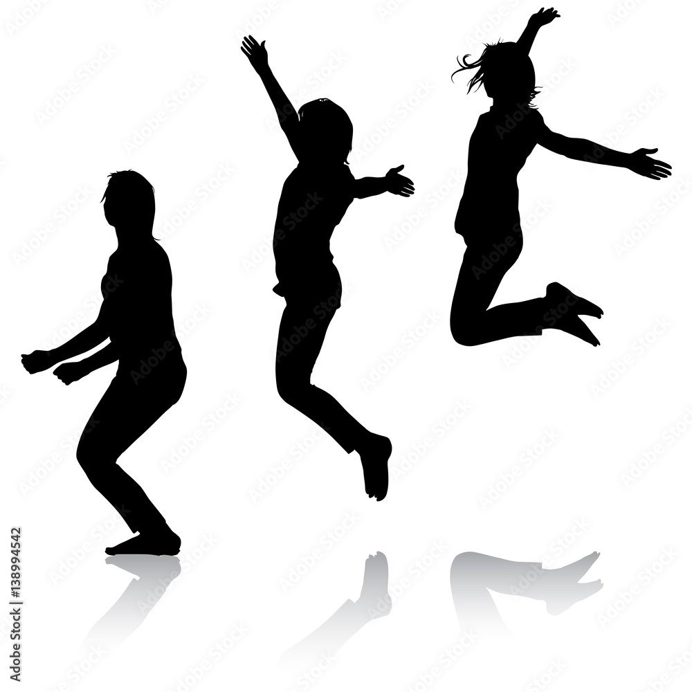 Silhouette of three young girls jumping with hands up, motion. Vector illustration Silhouette of three young girls jumping with hands up, motion. Vector illustration