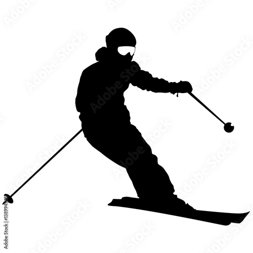 Mountain skier speeding down slope. Vector sport silhouette