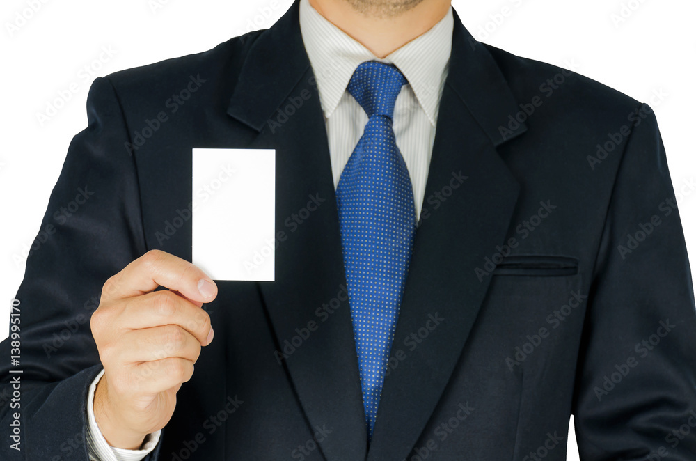 Business man is showing empty white note card isolated over white. Photo includes two clipping path white background and card. Business man is showing empty white note card isolated over white. Photo includes two clipping path white background and card.