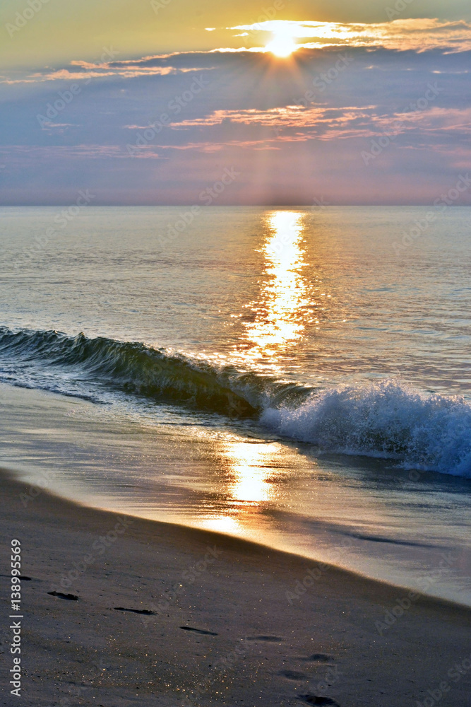 Obraz premium Golden and Glistening Sunrise Seas at the Shore