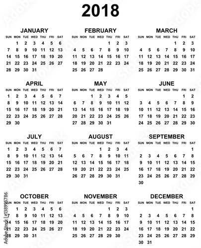 Simple editable black and white vector calendar 2018 year sunday first in eps 10.