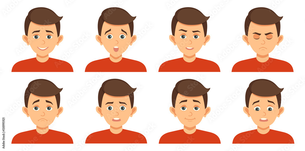 Set of avatars with child emotions including surprise, happiness, hurt, laugh, anger, smirk, grin cartoon style vector illustration of isolated layers on a white background Set of avatars with child emotions including surprise, happiness, hurt, laugh, anger, smirk, grin cartoon style vector illustration of isolated layers on a white background