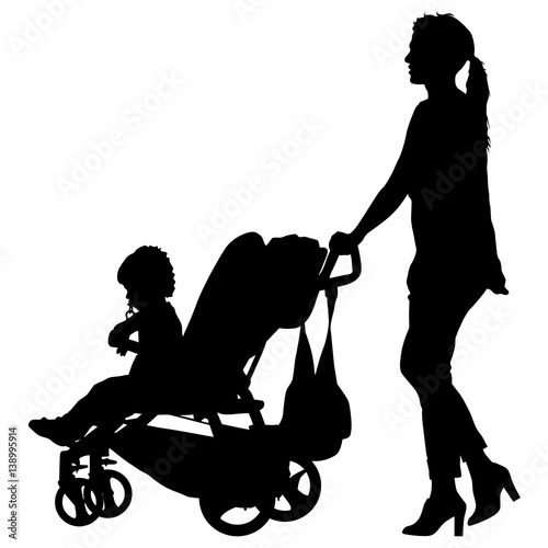 Black silhouettes Family with pram on white background. Vector illustration