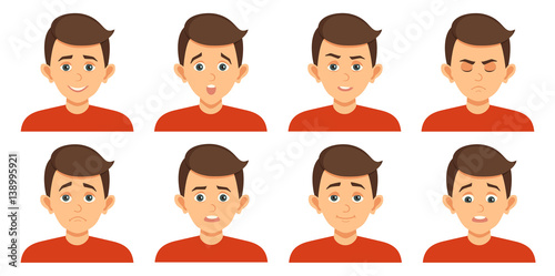 Set of avatars with child emotions including surprise, happiness, hurt, laugh, anger, smirk, grin cartoon style vector illustration of isolated layers on a white background