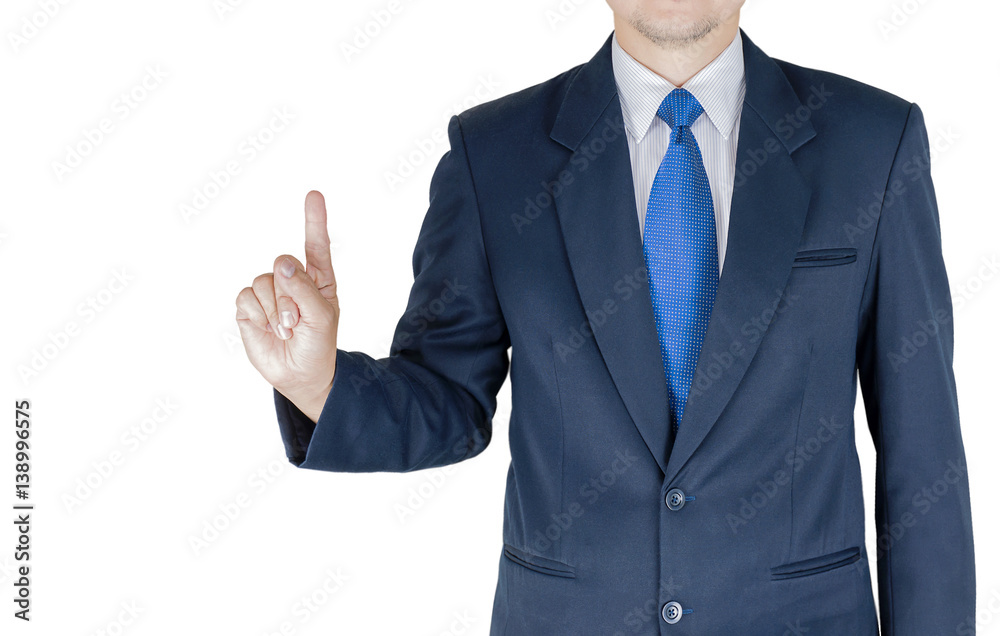 Businessman is pointing his index finger upwards over white background. Photo is focused at hand. Photo includes clipping path. Businessman is pointing his index finger upwards over white background. Photo is focused at hand. Photo includes clipping path.