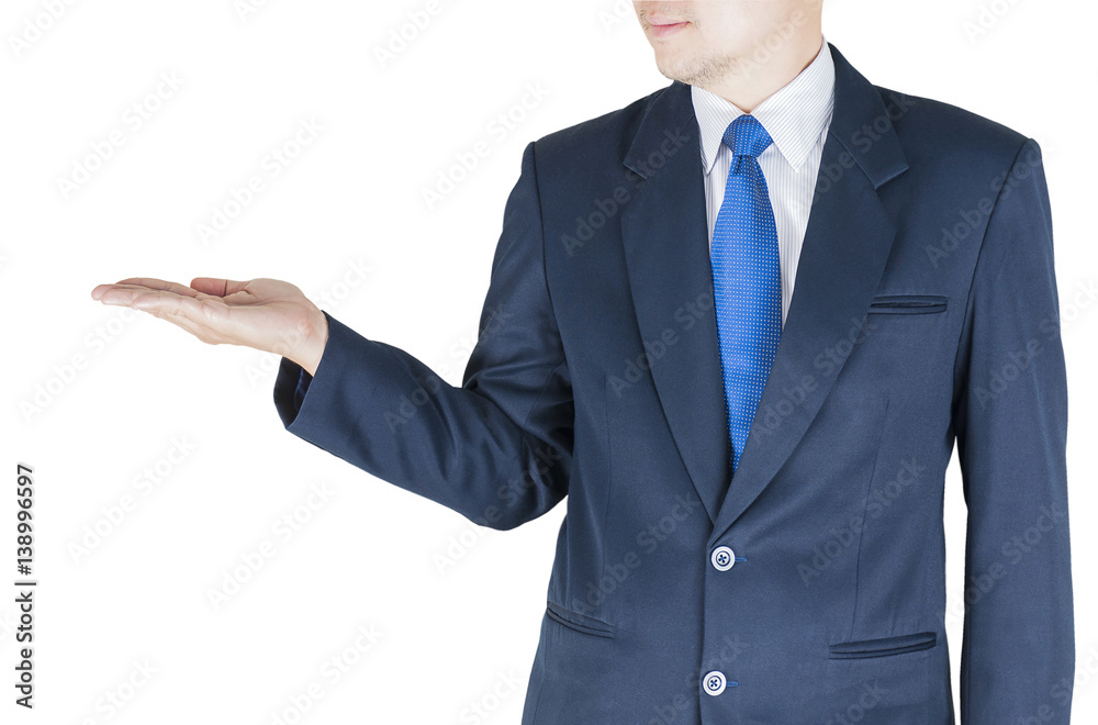Businessman is open his palm upwards to present something. Photo includes clipping path. Businessman is open his palm upwards to present something. Photo includes clipping path.
