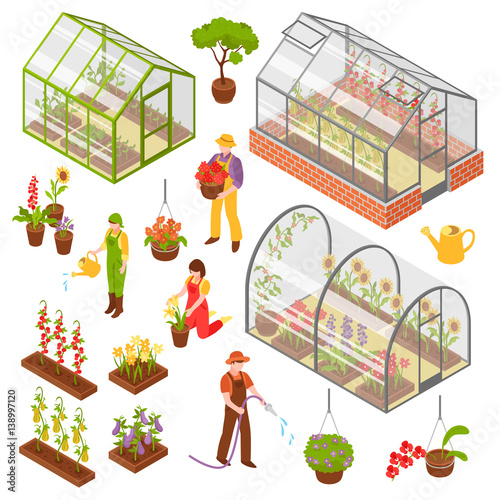 Isometric 3d Greenhouse Icon Set