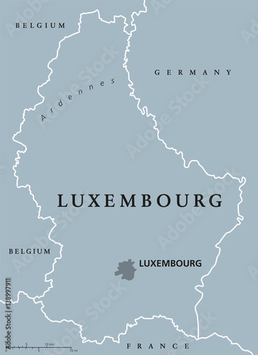 Luxembourg political map with capital  national borders and neighbor countries. Grand Duchy of Luxembourg  a landlocked country in Western Europe. Gray illustration with English labeling. Vector.