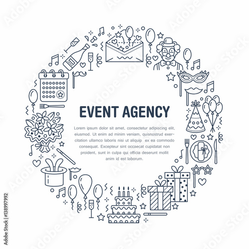 Event agency, birthday party banner with vector line icon of catering, birthday cake, balloon decoration, flower delivery, invitation card, clown. Thin linear sign of party organization service.
