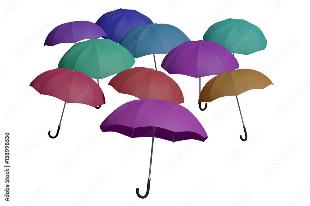 multicolored flying umbrellas isolated over white