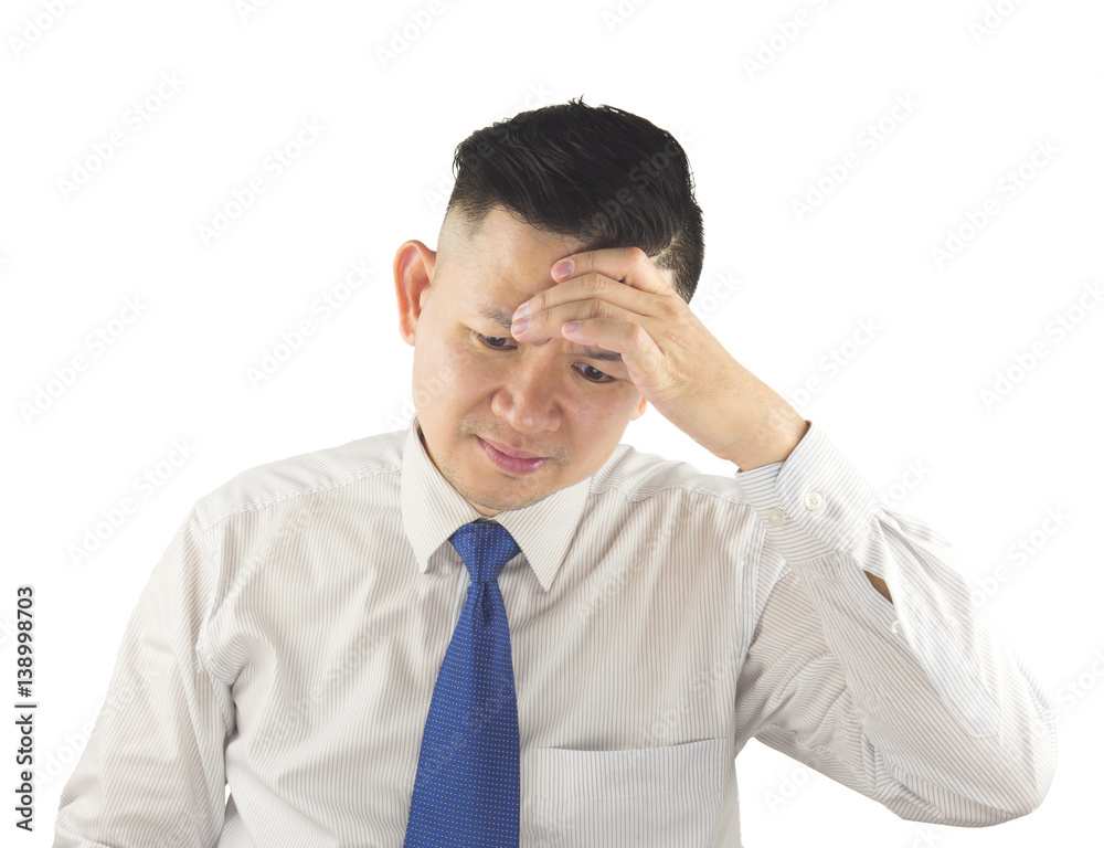 Business man is getting headache, isolated over white Business man is getting headache, isolated over white