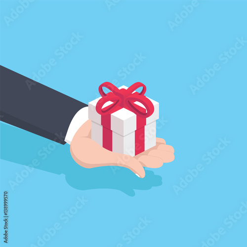 Gift white box with red ribbon and bow in hands of men. Holding in palms gift-box.