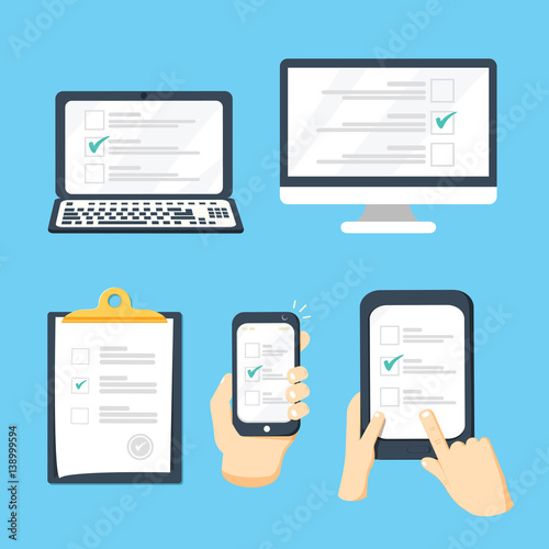 Online survey, checklist set. Hand holds tablet, computer, mobile and finger touch blank screen. © RedVector