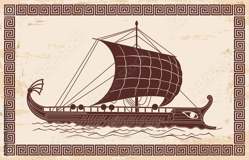 Ancient Greek ship with oars and sails on the sea waves.