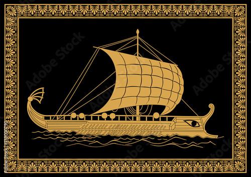 Ancient Greek ship with oars and sails on the sea waves.