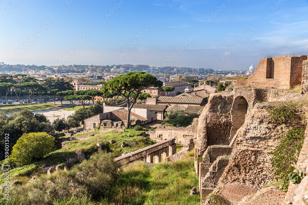 Rome, Italy. Ruins of the imperial palace of Domitian, adjacent to the circus (hippodrome) Massimo