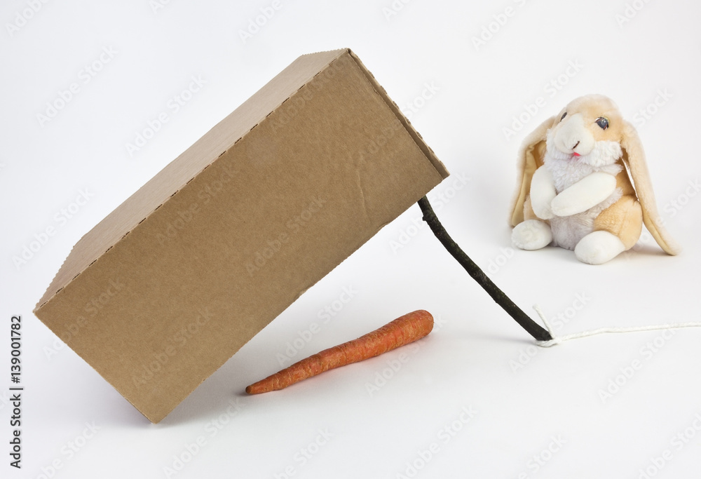 Foto Stock Simple box, carrot, stick and string trap with innocent toy bunny  in the background. Phishing scam concept. | Adobe Stock