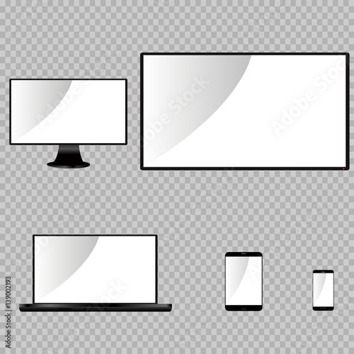eps 10 vector set of realistic electronic gadgets isolated on transparent background. Lcd touch screen devices, front side. Graphic design mock up. Editable template with blank screens for web, print