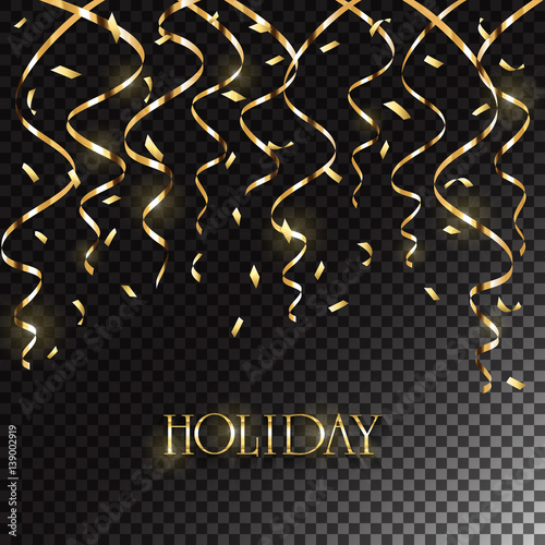 Holiday tinsel and confetti on dark transparent background