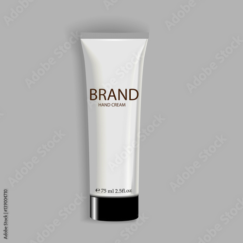 eps 10 vector cosmetics advertising banner for web, print. Realistic brand cosmetic tube package. Advertising presentation poster of luxury revolutionary formula hand cream isolated on gray background