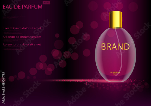 eps 10 vector advertising poster of luxury eau de parfum isolated on bokeh background. Premium cosmetics and perfumery advertisement banner for web, print. Realistic glass bottle with vaporizer spray