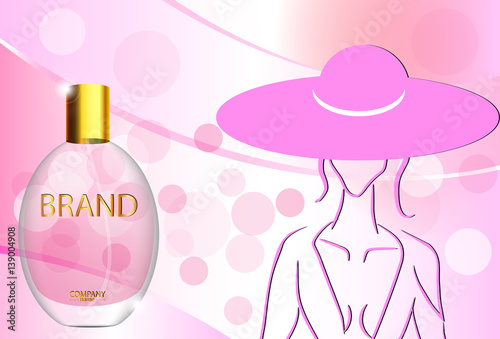 eps 10 vector advertising poster of luxury eau de parfum isolated on bokeh background with lay silhouette. Premium perfumery advertisement banner for web, print. Realistic glass bottle with vaporizer