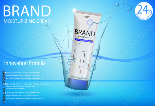eps10 vector advertising poster of revolutionary formula moisturizing cream with water water splashes effect backdrop. Realistic brand cosmetic tube package, cosmetic advertising banner for web, print