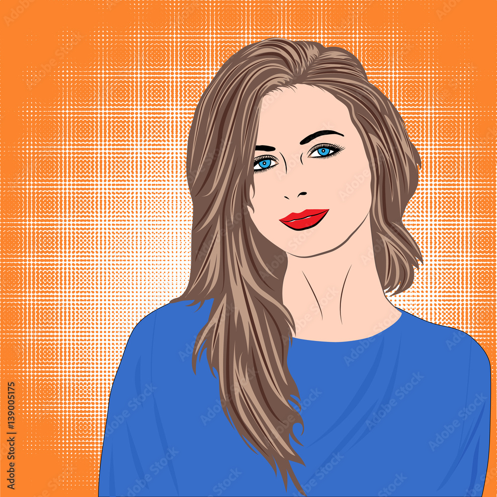 Beautiful girl with long brown hair in blue dress on orange retro background Beautiful girl with long brown hair in blue dress on orange retro background