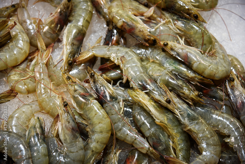 Tray with tiger shrimps . Tray with tiger shrimps .
