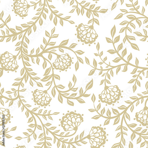 Seamless lace flowers on beige. White lace flowers on beige background. Vector illustration.