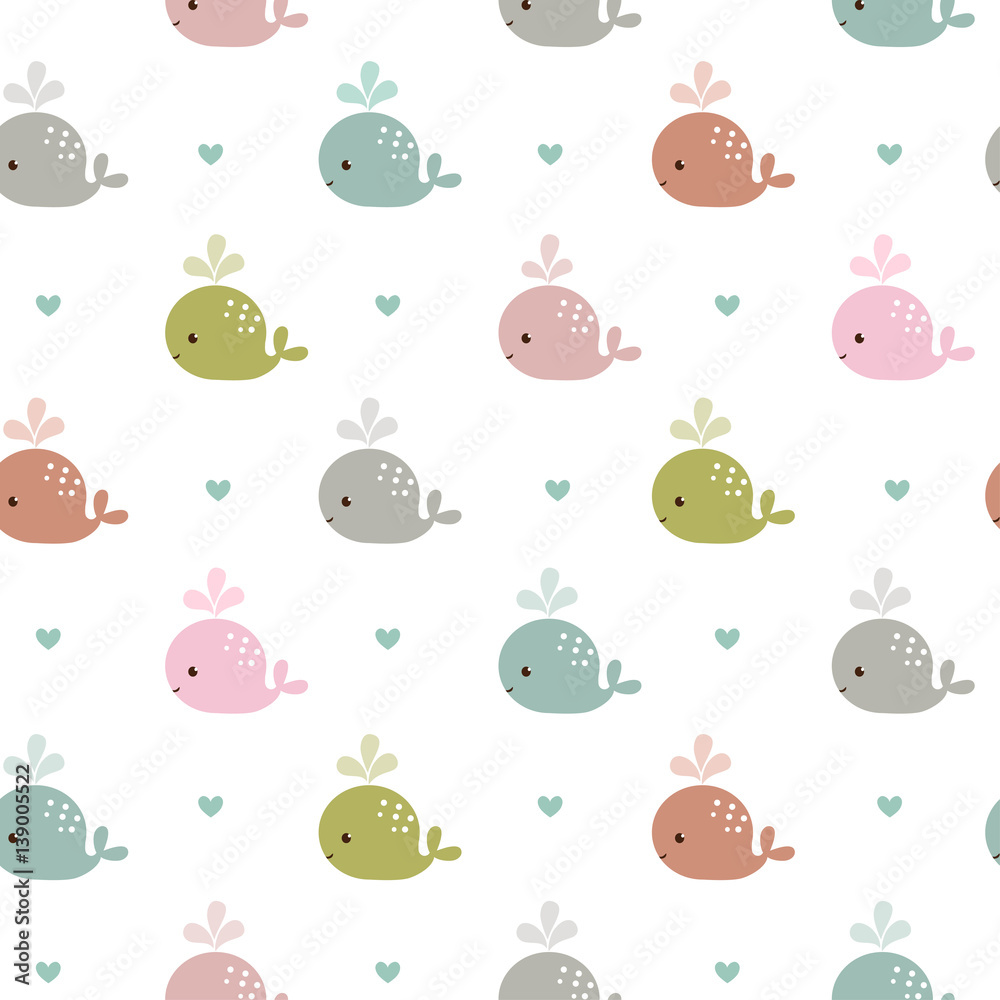 Seamless pattern with whales. Vector abstract colorful fish seamless pattern, whales and hearts.