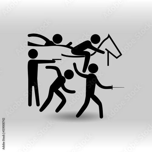 eps 10 vector modern Pentathlon sport icon. Summer sport activity pictogram for web, print, mobile. Black athlete sign isolated on gray. Hand drawn competition symbol. Graphic design clip art element
