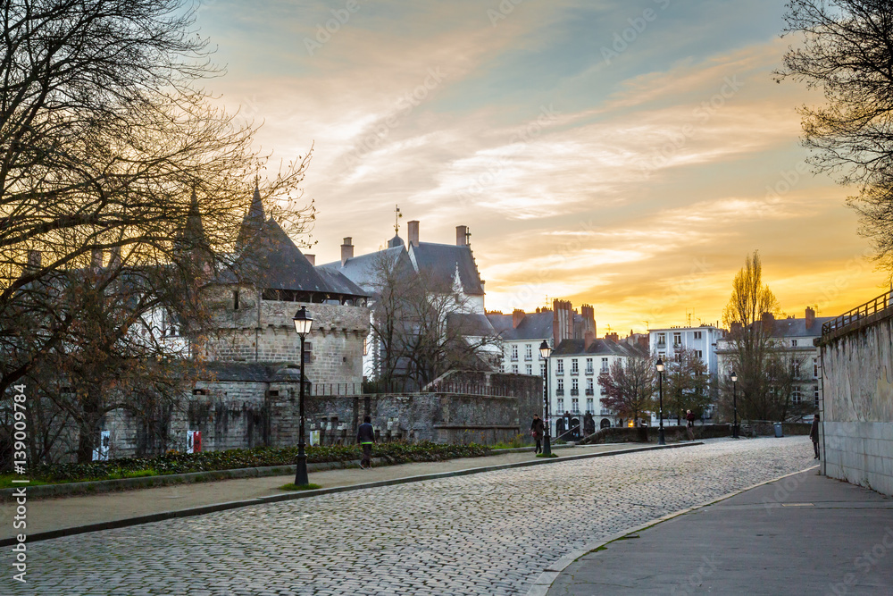 Sunset over old town in Nantes, France