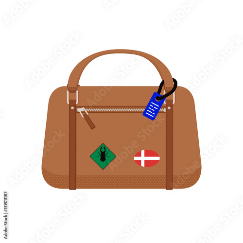 Travel tourism fashion baggage or luggage vacation handle leather big packing briefcase and voyage destination case bag on wheels vector illustration.