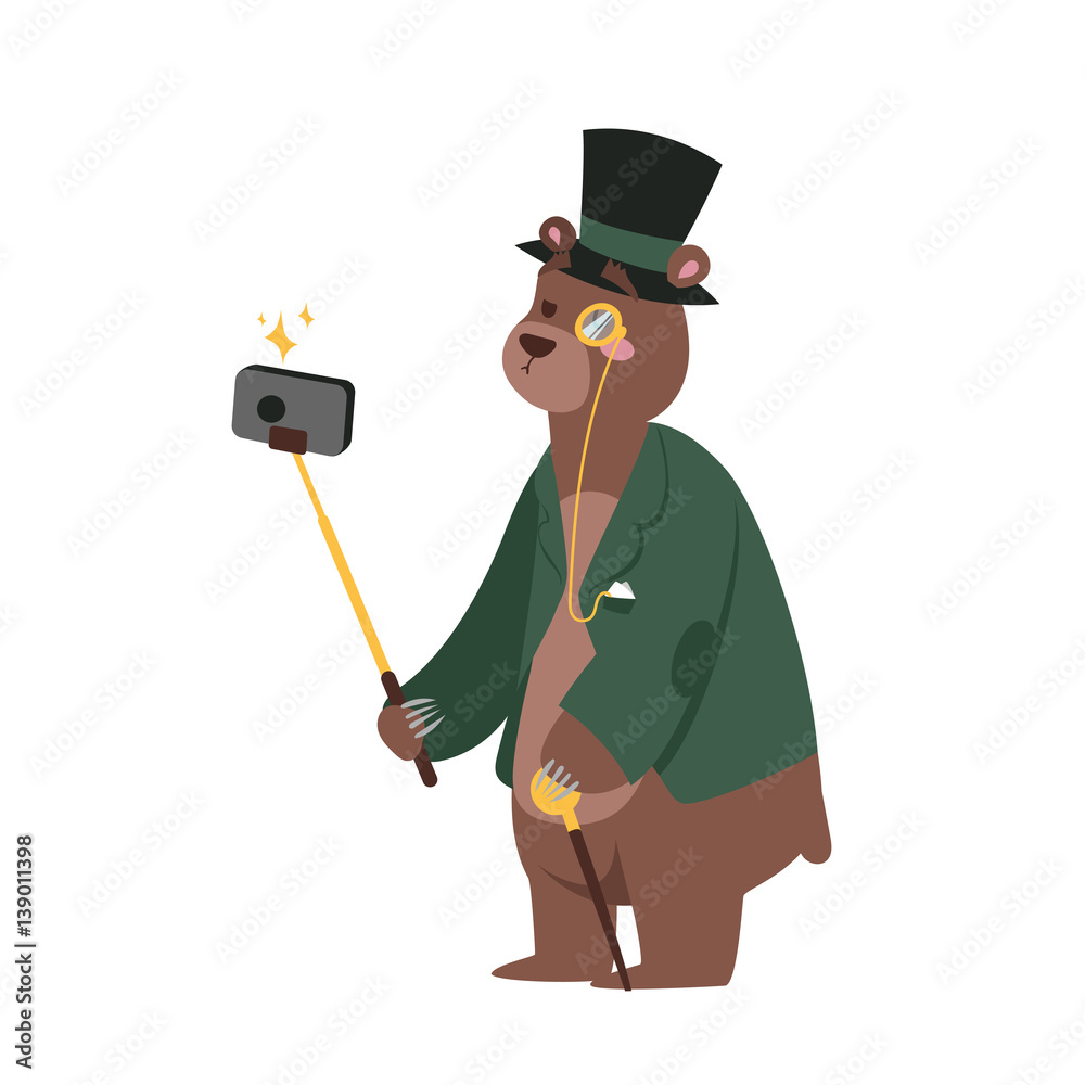 Φωτογραφία Funny picture bear photographer mamal person take selfie stick in his hand and cute animal taking a selfie together with smartphone camera vector illustration