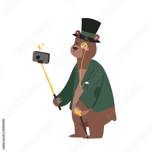 Funny picture bear photographer mamal person take selfie stick in his hand and cute animal taking a selfie together with smartphone camera vector illustration.