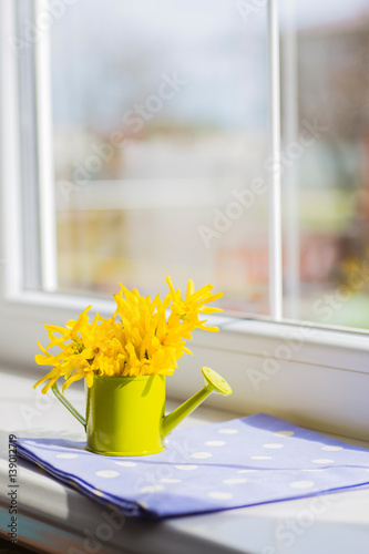 Little watering can with spring flowers bouquet near the window