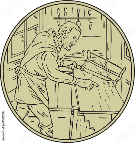 Medieval Carpenter Sawing Wood Circle Retro
