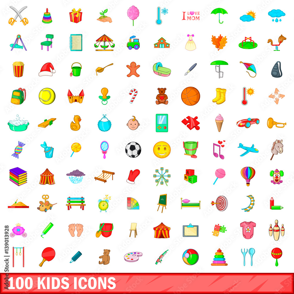 Fototapeta premium 100 kids icons set, cartoon style