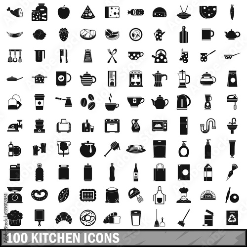 100 kitchen icons set in simple style photo